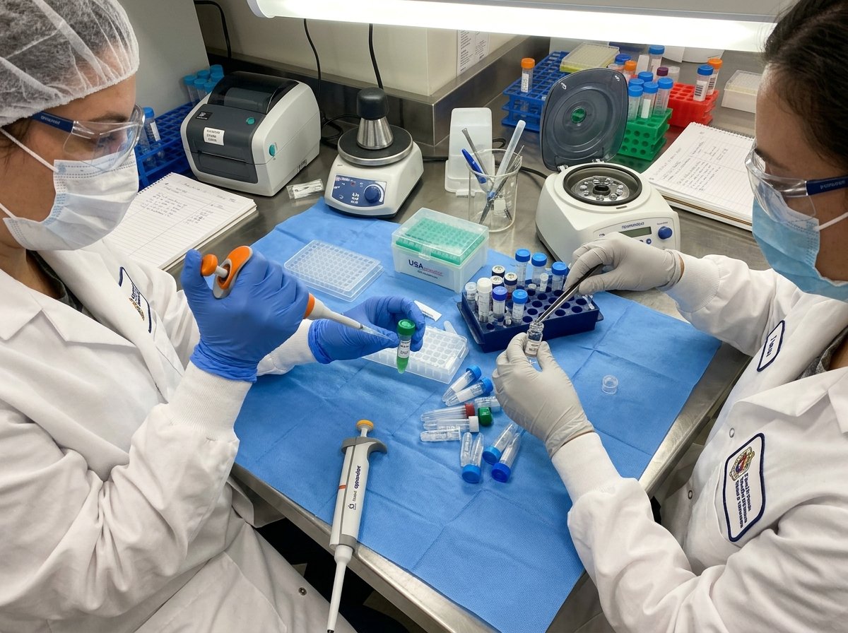 Scientists in lab coats working with research equipment